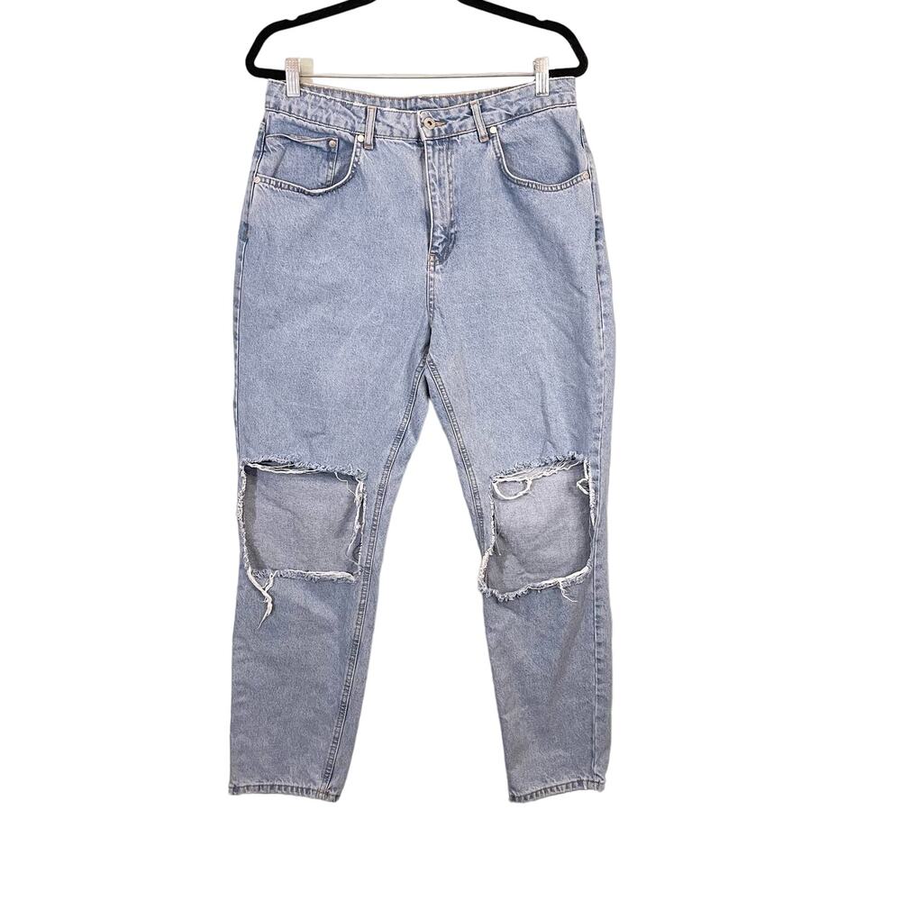 Ragged Tapered Jeans Womens 34 Light Wash Denim Mom Distressed High Rise Grunge